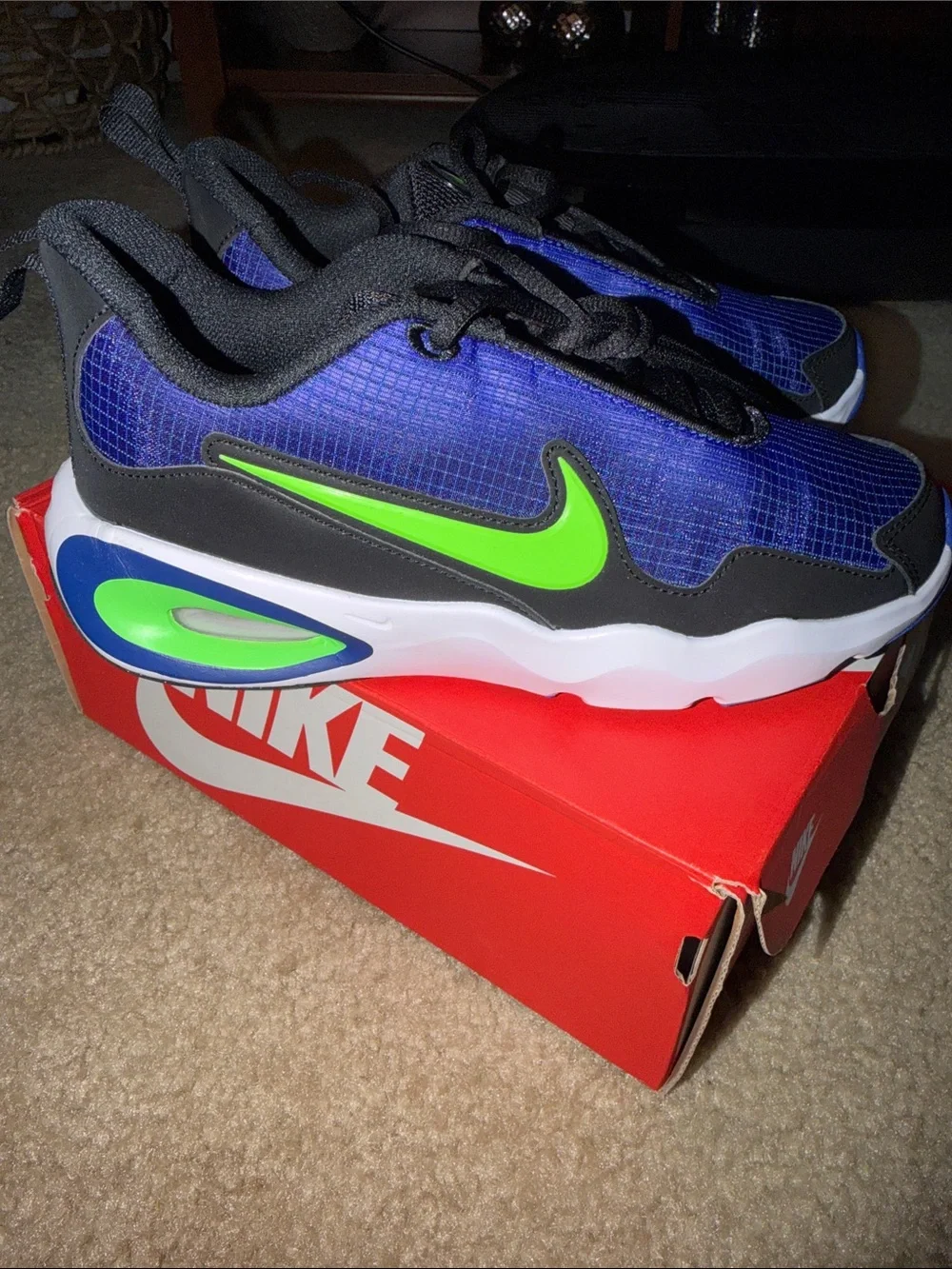 Nike Kids Blue and Black Sneakers with Lime Green Swoosh
